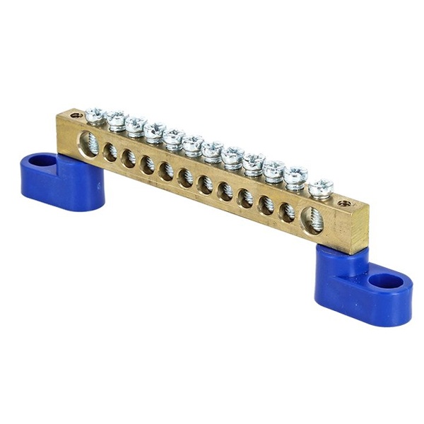 Шина EKF N (6х9мм) 100А 12 отверстий латунь 2 синих угловых изолятора синий