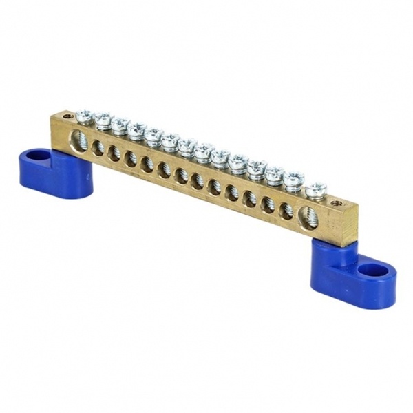 Шина EKF N (6х9мм) 100А 14 отверстий латунь 2 синих угловых изолятора синий
