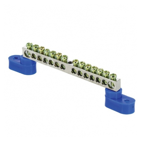 Шина EKF N (6x9мм) 100А 14 отверстий оцинкованная 2 синих угловых изолятора синий