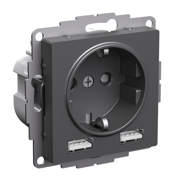 Зарядка розетка SE AtlasDesign с/з 16А + USB A+A 5В/2,4А, 2х5В/1,2А, базальт