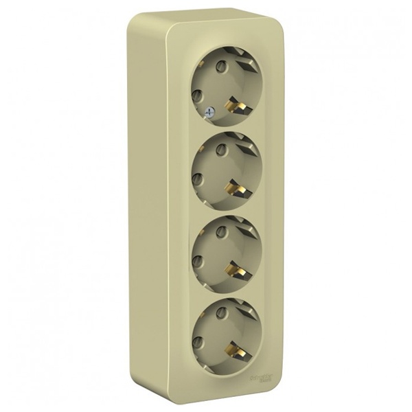 Накладная розетка 4-ая с заземлением со шторками SE Blanca 16А 250В с изолирующей пластиной бежевый