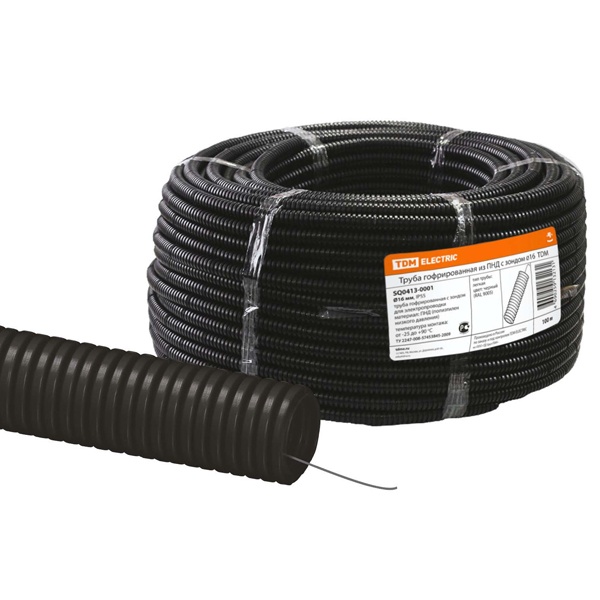 Труба гофрированная ПНД TDM 25 мм лёгкая с протяжкой черная [бухта 75м] (гофра для кабеля)