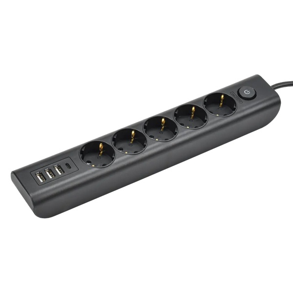 Удлинитель ИЭК Modern У03В 5 розеток 2P+E шторки выключатель кабель 2м 3х1 мм2 16А/250В USBх4 черный