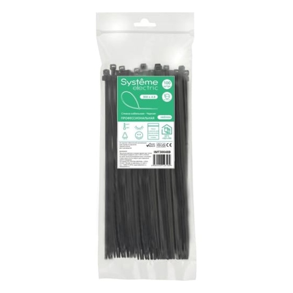 Стяжка Systeme Electric кабельная нейлоновая 300х4,8 УФ в пакете с замком ЗИП-ЛОК чёрная [уп.100шт]
