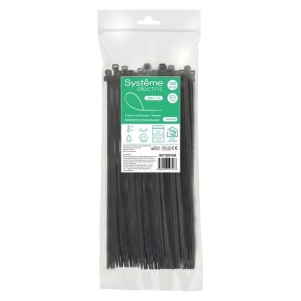 Стяжка Systeme Electric кабельная нейлоновая 300х7,6 УФ в пакете с замком ЗИП-ЛОК чёрная [уп.100шт]