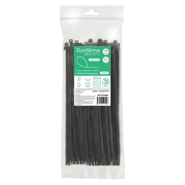 Стяжка Systeme Electric кабельная нейлоновая 370х4,8 УФ в пакете с замком ЗИП-ЛОК чёрная [уп.100шт]