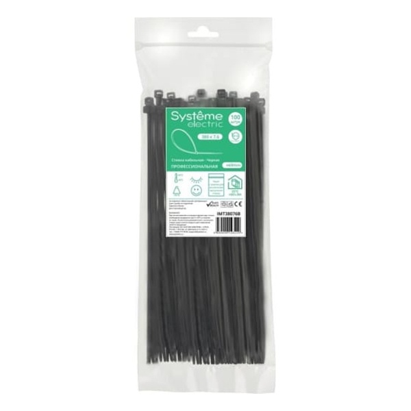 Стяжка Systeme Electric кабельная нейлоновая 380х7,6 УФ в пакете с замком ЗИП-ЛОК чёрная [уп.100шт]
