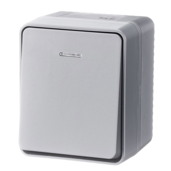 Одноклавишный выключатель с подсветкой открытой установки SE AtlasDesign Profi54 10A IP54 серый