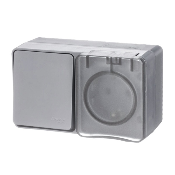 Блок: розетка SE AtlasDesign 2П+3 шторки 16А + 1-к выкл. 10A открытой установки Profi54 IP54 серый