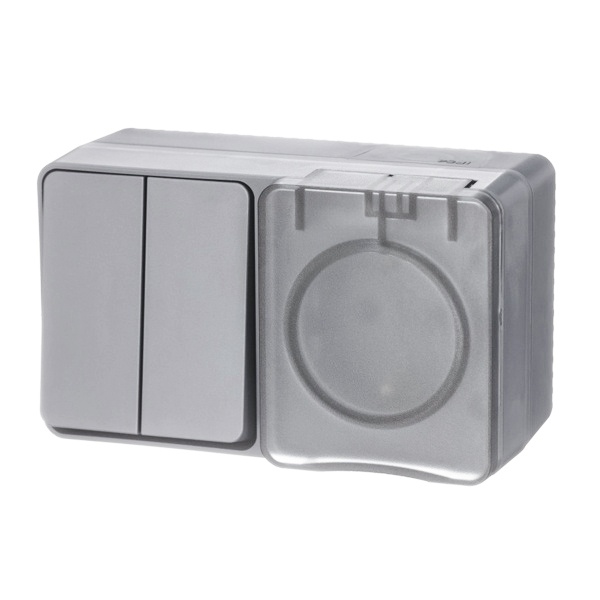 Блок: розетка SE AtlasDesign 2П+3 шторки 16А + 2-к выкл. 10A открытой установки Profi54 IP54 серый