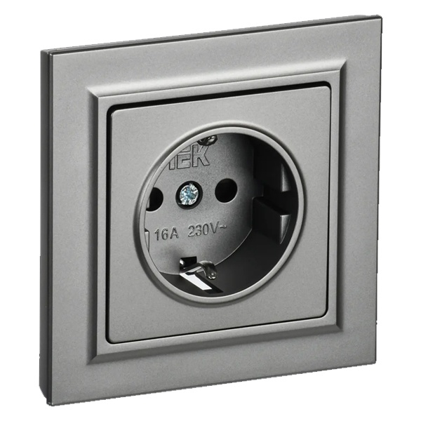 Розетка ИЭК BRITE 2P+E Schuko со шторками 16А в сборе сталь (РСР14-1-0-БрС)