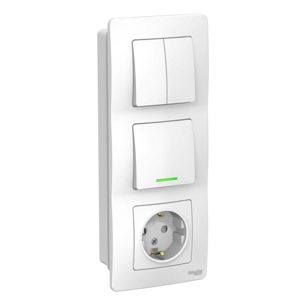 Блок SE Blanca (розетка 2Р+Е шторки, выключатели 2-клавишный и 1-клавишный с подсветкой) с/у белый