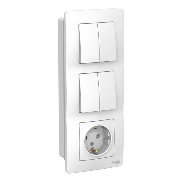 Блок SE Blanca (розетка 2Р+Е со шторками 1 шт., выключатель 2-клавишный 2 шт.) с/у белый