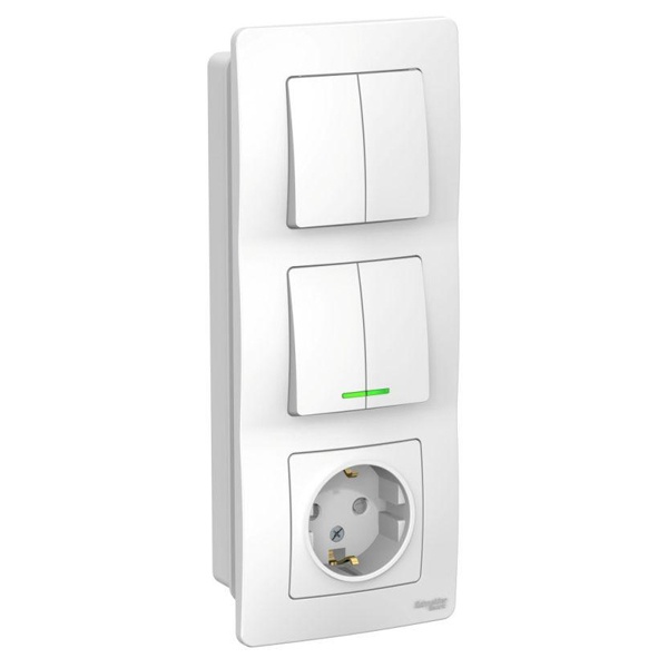 Блок SE Blanca (розетка 2Р+Е шторки, выключатели 2-клавишный и 2-клавишный с подсветкой) с/у белый