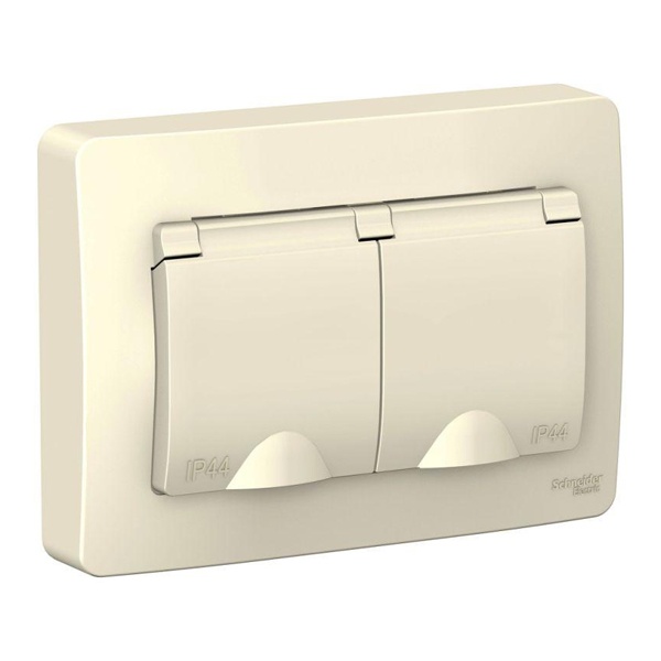 Розетка IP44 SE Blanca двойная с заземлением 2x2Р+Е со шторками и крышками 16А, 250В с/у молочный
