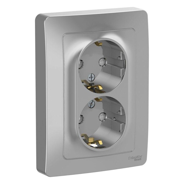 Розетка двойная с заземлением SE Blanca 2х2Р+Е со шторками 16А, 250В с/у алюминий