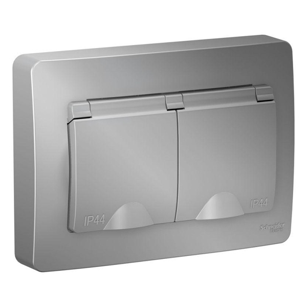 Розетка IP44 SE Blanca двойная с заземлением 2x2Р+Е со шторками и крышками 16А, 250В с/у алюминий