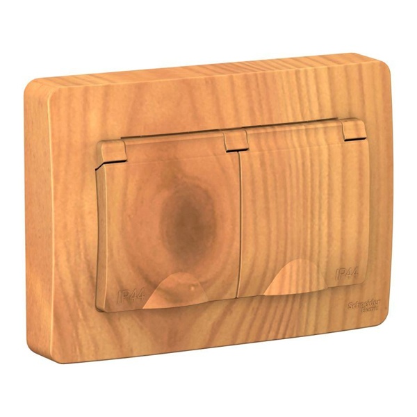 Розетка IP44 SE Blanca двойная с заземлением 2x2Р+Е со шторками и крышками 16А, 250В с/у ясень