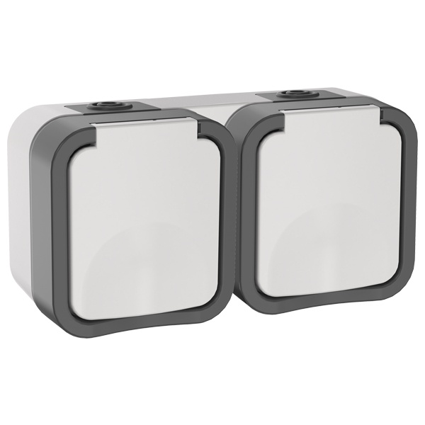 Розетка двойная ИЭК TORS TS222 2х2П+3 с крышкой и шторками горизонтальная 16А IP55 серо-белый