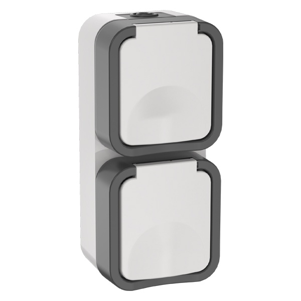 Розетка двойная ИЭК TORS TS232 2х2П+3 с крышкой и шторками вертикальная 16А IP55 серо-белый