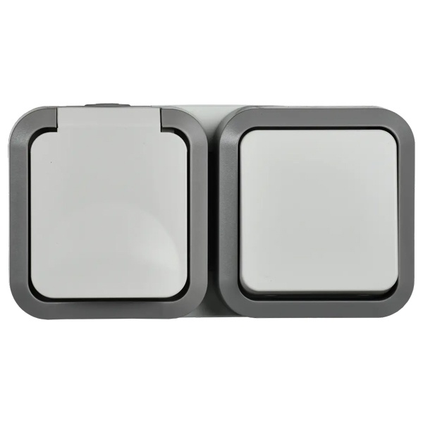 Блок розетка ИЭК TORS TS242 2П+3 и 1-клавишный выключатель горизонтальный 16А IP55 серо-белый