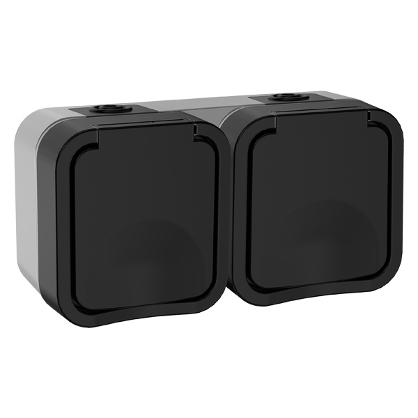 Розетка двойная ИЭК TORS TS122 2х2П+3 с крышкой и шторками горизонтальная 16А IP55 графит