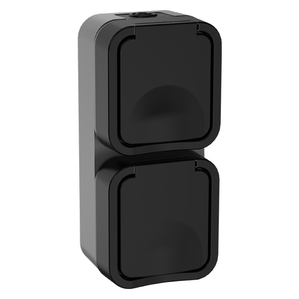 Розетка двойная ИЭК TORS TS132 2х2П+3 с крышкой и шторками вертикальная 16А IP55 графит