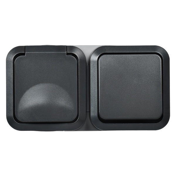 Блок розетка ИЭК TORS TS142 2П+3 и 1-клавишный выключатель) горизонтальный 16А IP55 графит