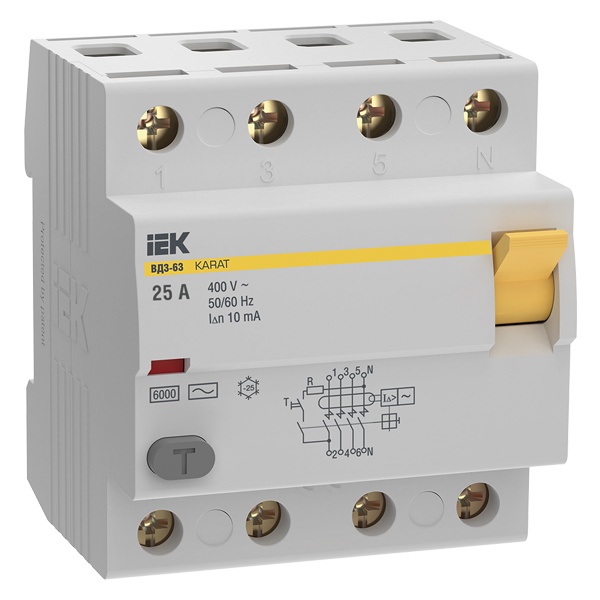 УЗО ИЭК KARAT ВД3-63 4P 25А 10мА 6кА тип AC (ВДТ)