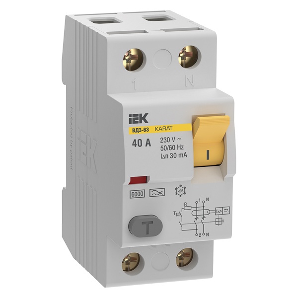 УЗО ИЭК KARAT ВД3-63 2P 40А 30мА 6кА тип A (ВДТ)