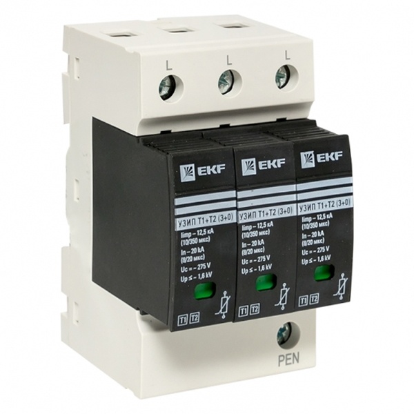 Устройство защиты от импульсных перенапряжений EKF Т1+Т2; Iimp-12,5kA In-20kA Uc-275В 3+0 3Р