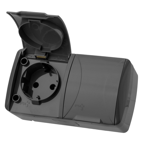 Розетка двойная TDM 2П+3 открытой установки Селигер с крышкой 16А IP54 серый