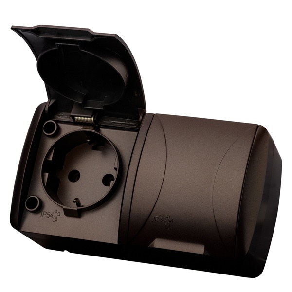 Розетка двойная TDM 2П+3 открытой установки Селигер с крышкой 16А IP54 шоколад