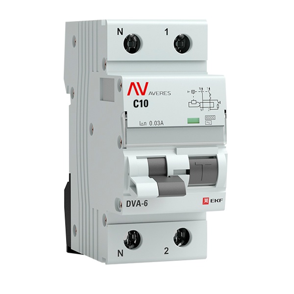 Дифавтомат EKF AVERES DVA-6 C10А 1P+N 30мА тип AC однофазный электромеханический 6кА (дифференциальный автомат, АВДТ)