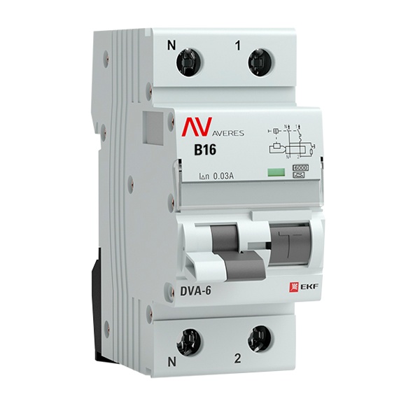 Дифавтомат EKF AVERES DVA-6 B16А 1P+N 30мА тип A однофазный электромеханический 6кА (дифференциальный автомат, АВДТ)