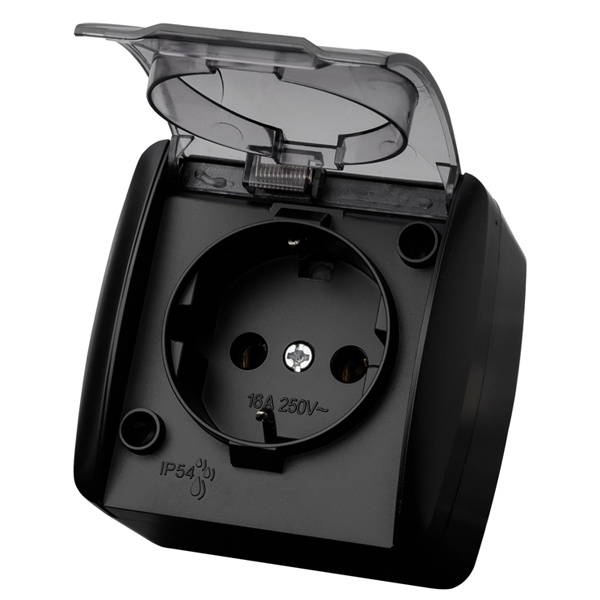Розетка TDM 2П+3 открытой установки Селигер с прозрачной крышкой 16А IP54 графит