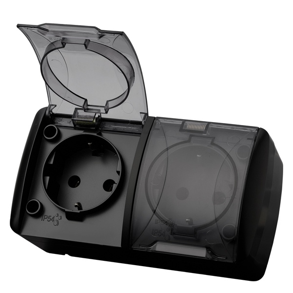 Розетка двойная TDM 2П+3 открытой установки Селигер с прозрачной крышкой 16А IP54 графит