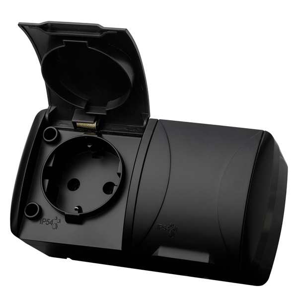 Розетка двойная TDM 2П+3 открытой установки Селигер с крышкой 16А IP54 графит