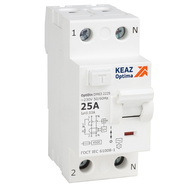 УЗО КЭАЗ OptiDin DM63-2225-AC-4,5-УХЛ4 2Р 25А 30мА тип AC 4,5кА (ВДТ)