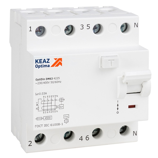 УЗО КЭАЗ OptiDin DM63-4463-AC-4,5-УХЛ4 4Р 63А 300мА тип AC 4,5кА (ВДТ)