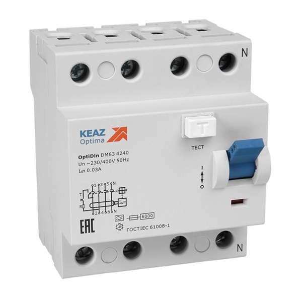 УЗО КЭАЗ ВДТ OptiDin DM63-4325-A-УХЛ4 4Р 25А 100мА тип A 6кА (ВДТ)