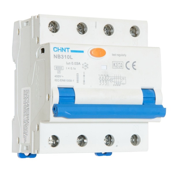 Дифференциальный автомат Chint NB1L С25А 3P+N 30мА тип A трехфазный электромеханический 6кА 4м (дифавтомат, АВДТ)