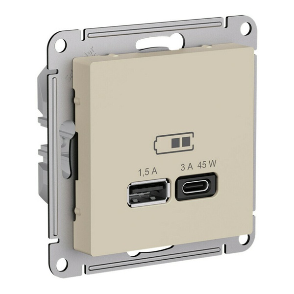 Зарядка высокоскоростная USB SE AtlasDesign тип А + тип С 45W QC, PD, песочны