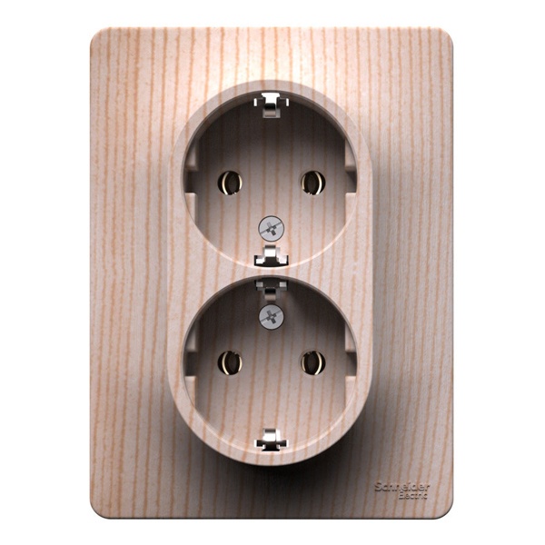 Розетка двойная с заземлением SE Glossa 16А в сборе, дерево сосна