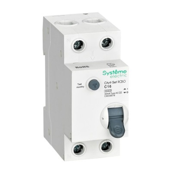 Дифференциальный автомат SE City9 Set электронный C16А 30мА тип АС 2П 6кА (дифавтомат, АВДТ)