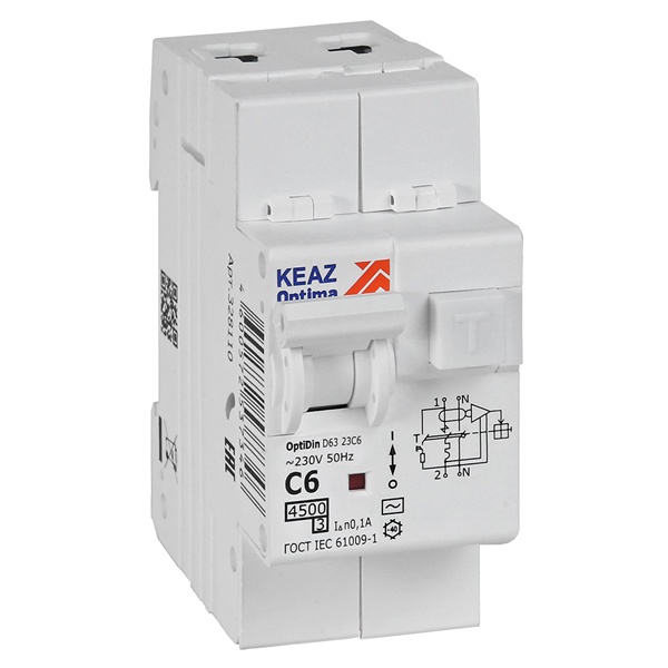 Дифавтомат КЭАЗ OptiDin D63-23C6-AC-У3 2П С6А 100мА тип АС однофазный электронный 4,5кА (дифференциальный автомат, АВДТ)