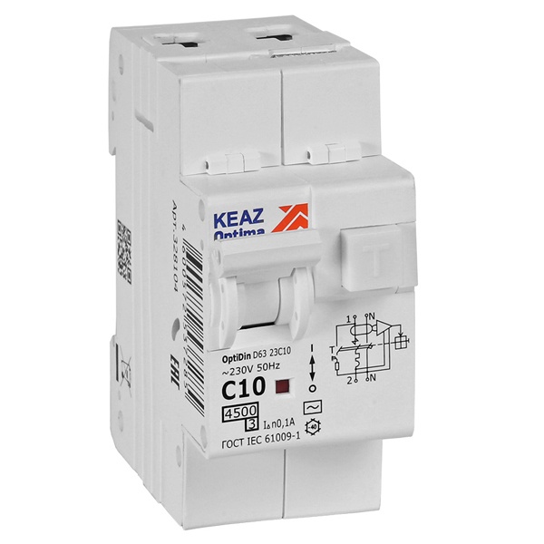 Дифавтомат КЭАЗ OptiDin D63-23C10-AC-У3 2П С10А 100мА тип АС однофазный электронный 4,5кА (дифференциальный автомат, АВДТ)