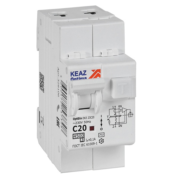 Дифавтомат КЭАЗ OptiDin D63-23C20-AC-У3 2П С20А 100мА тип АС однофазный электронный 4,5кА (дифференциальный автомат, АВДТ)
