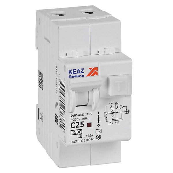 Дифавтомат КЭАЗ OptiDin D63-23C25-AC-У3 2П С25А 100мА тип АС однофазный электронный 4,5кА (дифференциальный автомат, АВДТ)