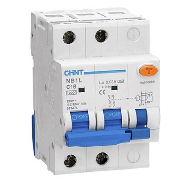 Дифференциальный автомат Chint NB1L С16А 2P 30мА тип AC однофазный электромеханический 10кА 3м (дифавтомат, АВДТ)